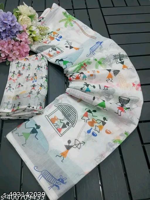 white cotton digital printed saree - amamestyle