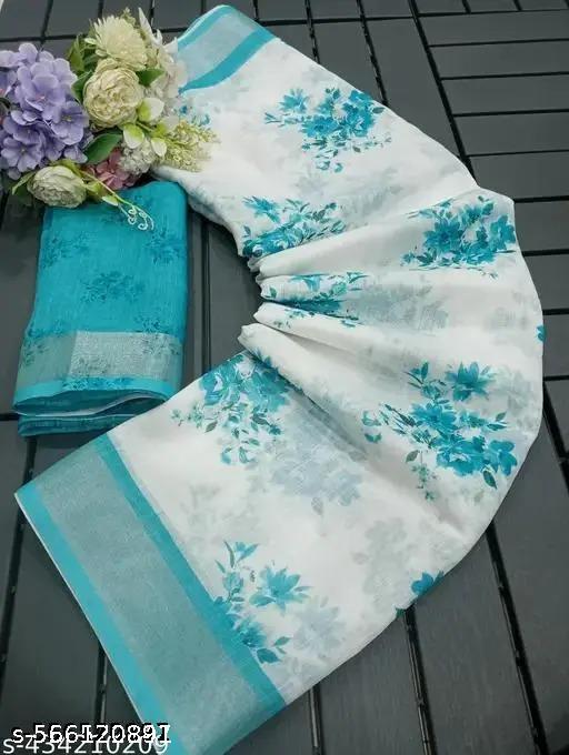 Women's Floral Printed Cotton Linen Saree with Kantha Stitch Detailing – Ethnic Digital Print Saree for All Occasions - amamestyle