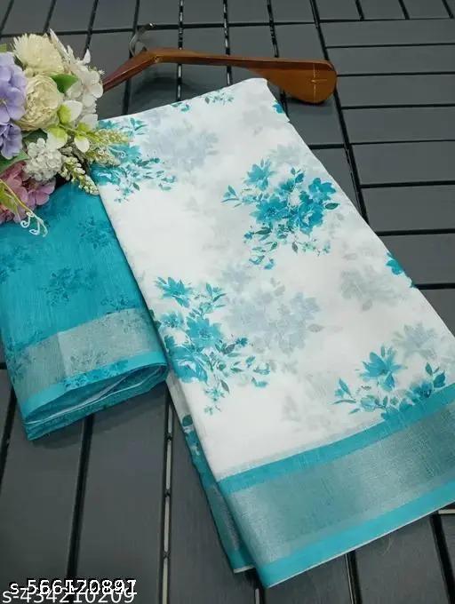 Women's Floral Printed Cotton Linen Saree with Kantha Stitch Detailing – Ethnic Digital Print Saree for All Occasions - amamestyle