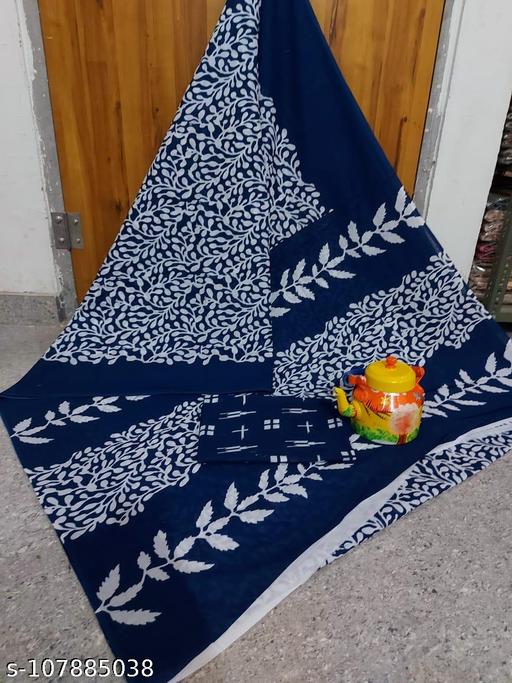 Jaipuri Hand Block Printed Soft Cotton Mulmul Saree ,Sanganeri Cotton Malmal Saree, Bagru Cotton Saree, Batic / Batik Print Cotton saree In Super Fine 92*80 Fabric Quality With Attached Blouse Piece for Woman - amamestyle