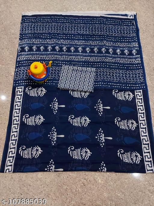 Jaipuri Hand Block Printed Soft Cotton Mulmul Saree ,Sanganeri Cotton Malmal Saree, Bagru Cotton Saree, Batic / Batik Print Cotton saree In Super Fine 92*80 Fabric Quality With Attached Blouse Piece for Woman - amamestyle