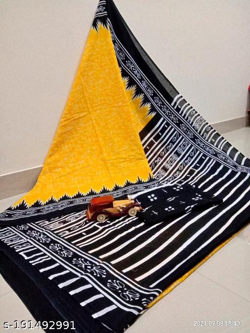 Jaipuri Hand Block Printed Soft Cotton Mulmul Saree ,Sanganeri Cotton Malmal Saree, Bagru Cotton Saree, Batic / Batik Print Cotton saree In Super Fine 92*80 Fabric Quality With Attached Blouse Piece for Woman - amamestyle