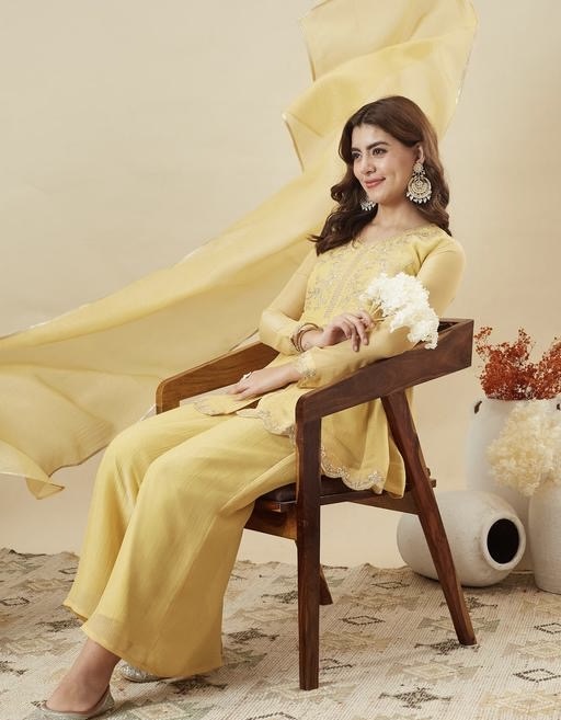 Women's Embroidered Silk Flared Short Kurti & Palazzo Set with Embroidered Dupatta - Zeyoria