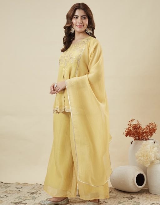 Women's Embroidered Silk Flared Short Kurti & Palazzo Set with Embroidered Dupatta - Zeyoria