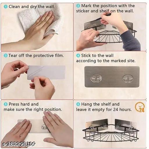 (Pack Of 2) Self-Adhesive Metal Kitchen and Bathroom Corner Rack Storage Shelves Shelf Organizer Storage Stainless Steel Wall Shelf Corner-Black Bath Shelves - Anuloria 