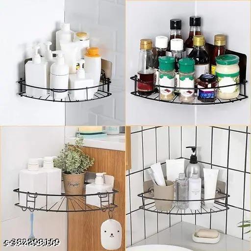 (Pack Of 2) Self-Adhesive Metal Kitchen and Bathroom Corner Rack Storage Shelves Shelf Organizer Storage Stainless Steel Wall Shelf Corner-Black Bath Shelves - Anuloria 