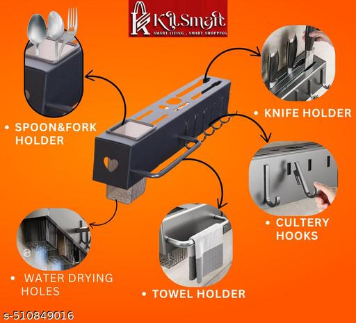 MK Smart Cutlery Kitchen Rack Steel Kitchen Shelf ADVANCED NON RUST STAINLESS STEEL ALLOY Wall Mount Knife Holder (40 CM) - Anuloria 