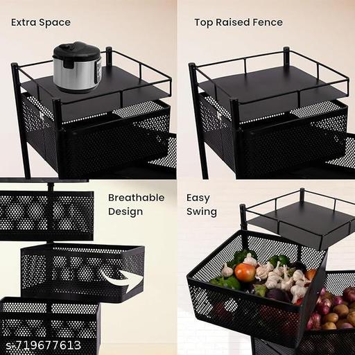 Kitchen Storage Rack | Revolving Vegetable Rack | Square Multipurpose Storage Trolley with Wheels | Metal Fruit Rack (Black, 5 Layer) - Anuloria 