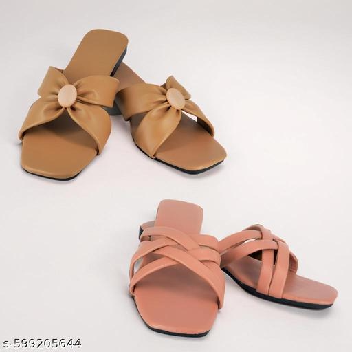 Buy 1 Get 1 Women Flats | Brown Bow Sandals + Peach Brooch Slippers | Combo Under ₹299 - Triffystore 