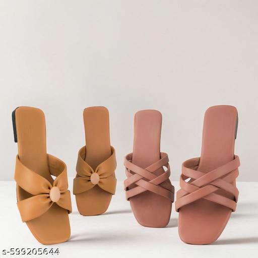 Buy 1 Get 1 Women Flats | Brown Bow Sandals + Peach Brooch Slippers | Combo Under ₹299 - Triffystore 