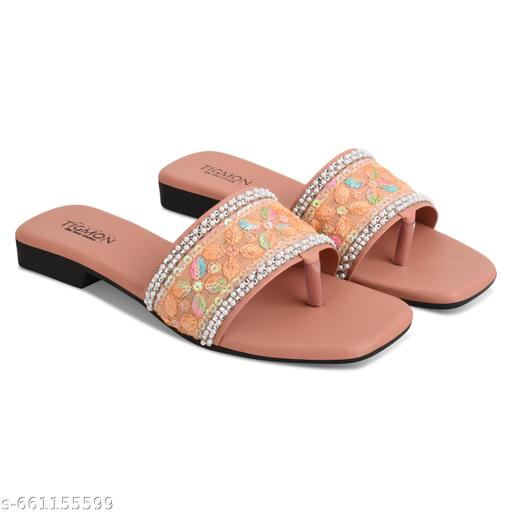 Peach Floral Embroidered Women Flats - Triffystore 