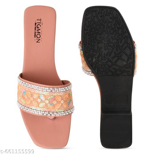 Peach Floral Embroidered Women Flats - Triffystore 