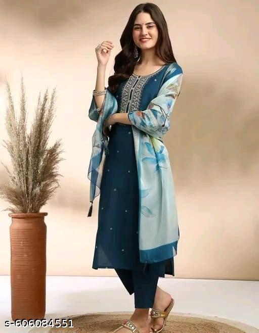 New Blue Colour Kurta Set For Woman - Triffystore 