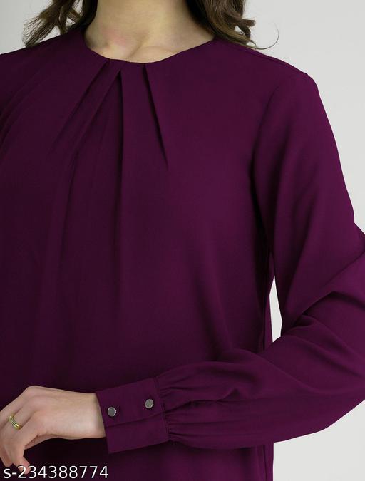 Stylish Crew Neck Front Pleat Detail  Full Sleeve Solid Top for Office Wear, Casual Wear, Top for Women/Girls Top - amamestyle
