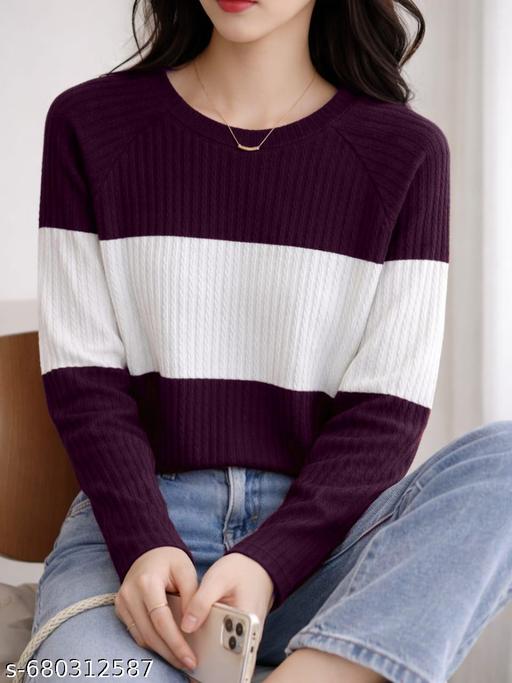 Women's Stylish Ribbed Knit Color Block Top - Maroon & White Full Sleeve Round Neck Casual T-Shirt for Girls - amamestyle