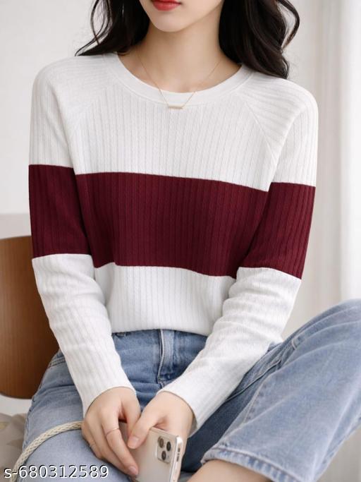 Women's Stylish Ribbed Knit Color Block Top - White & Maroon  Full Sleeve Round Neck Casual T-Shirt for Girls - amamestyle