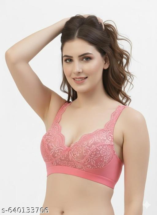 Bridal Lace Bra Non Padded & Non-Wired Single Layered Seamed Cups Full Coverage Bras | Net Bras For Women & Girls - Myshopic 