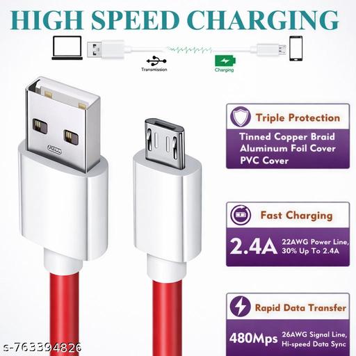 Micro USB Cable 3 A 1 m Copper USB to Micro V8 Data Cable | Fast Charging & Data Sync | Upto 65W Output | Durable Flat Cable (Compatible with All Android Devices & More, Red, White, One Cable - Khan’s Hub