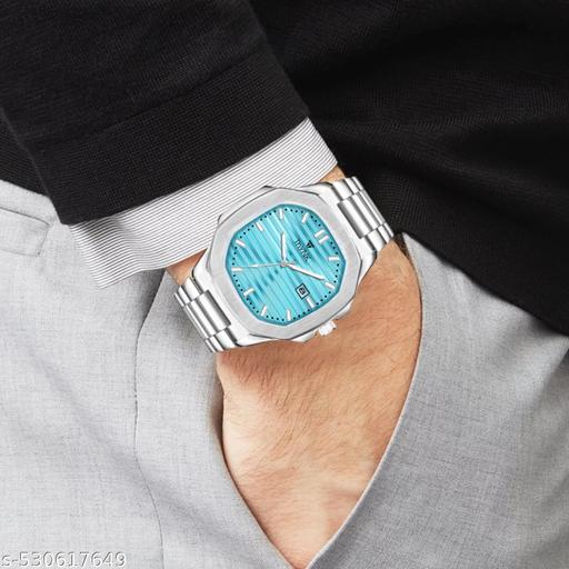 DATE WORKING FUNCTION BLUE DAIL NEW DESIGNER ROUND STIANLESS STEEL SILVER ADJUSTABLE CHAIN Analog Watch - For Men - Khan’s Hub