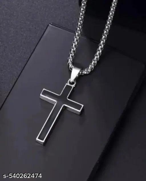 Men’s Black & Silver Jesus Cross Pendant Necklace with Stainless Steel Chain – Faith Jewelry for Boys - Khan’s Hub