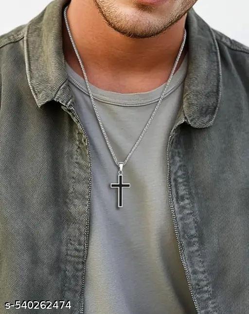 Men’s Black & Silver Jesus Cross Pendant Necklace with Stainless Steel Chain – Faith Jewelry for Boys - Khan’s Hub