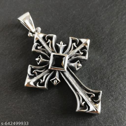 Black CZ Silver Cross Pendant Necklace For Men Punk Retro Rock Jewelry Chain 24" - Khan’s Hub