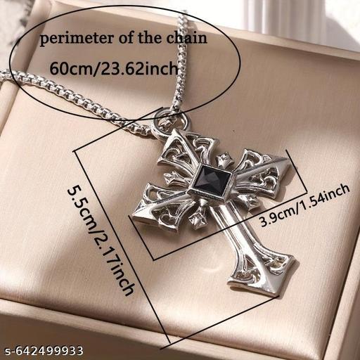 Black CZ Silver Cross Pendant Necklace For Men Punk Retro Rock Jewelry Chain 24" - Khan’s Hub