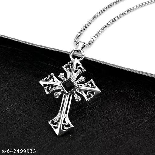 Black CZ Silver Cross Pendant Necklace For Men Punk Retro Rock Jewelry Chain 24" - Khan’s Hub