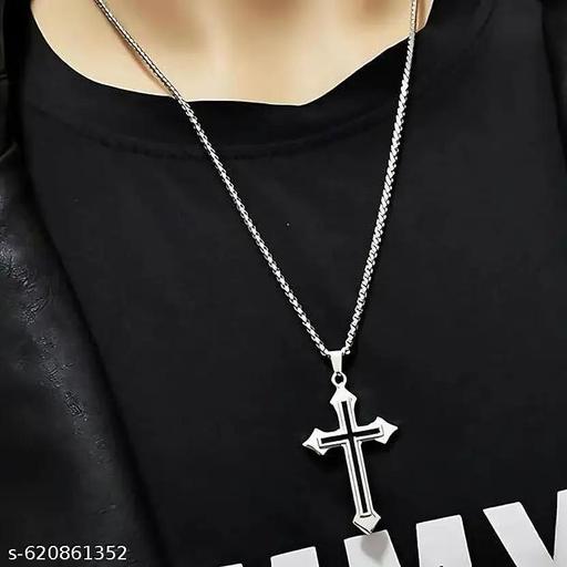 Agarwal Trendz  | ( Stylish Premium Ethnic Wear Men's Cross Pendant with Chain - Dual-Tone Black & Silver Stainless Steel ) | Necklace - Premium Finish Fashion Jewellery  | ( Pack of - 1 )  - Khan’s Hub