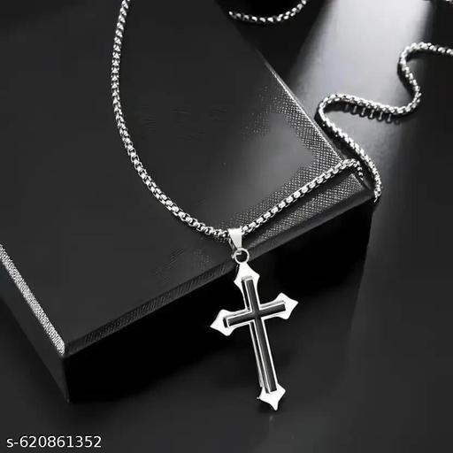 Agarwal Trendz  | ( Stylish Premium Ethnic Wear Men's Cross Pendant with Chain - Dual-Tone Black & Silver Stainless Steel ) | Necklace - Premium Finish Fashion Jewellery  | ( Pack of - 1 )  - Khan’s Hub