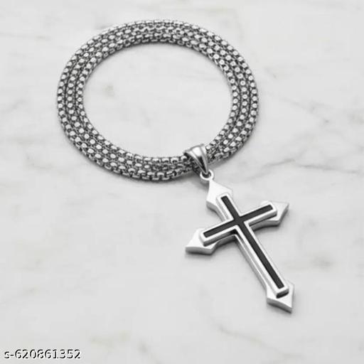 Agarwal Trendz  | ( Stylish Premium Ethnic Wear Men's Cross Pendant with Chain - Dual-Tone Black & Silver Stainless Steel ) | Necklace - Premium Finish Fashion Jewellery  | ( Pack of - 1 )  - Khan’s Hub