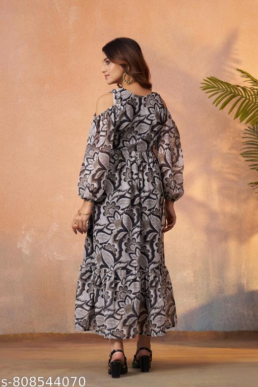 Women Elegant Grey Floral Casual Wear Dress - Katha Vastrika