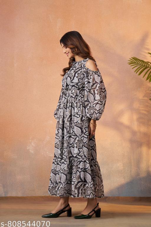 Women Elegant Grey Floral Casual Wear Dress - Katha Vastrika