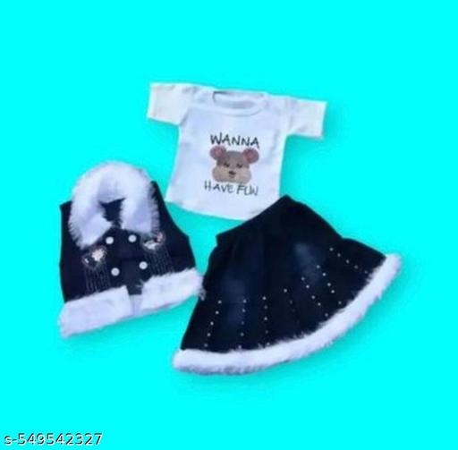 Stylish Denim Fur Trimmed Skirt Set for Baby Girls – 3-Piece Outfit with Mirror Work Vest and Cute Accessories | Regular, Sleeveless, Round, Relaxed, Snap Buttons, Beads, Vest, for Girls Black, White | vest, relaxed fit, regular length, sleeveless sleeves, round neckline, embellished with beads, features bear graphic, in black with white fur trim - Khan’s Hub