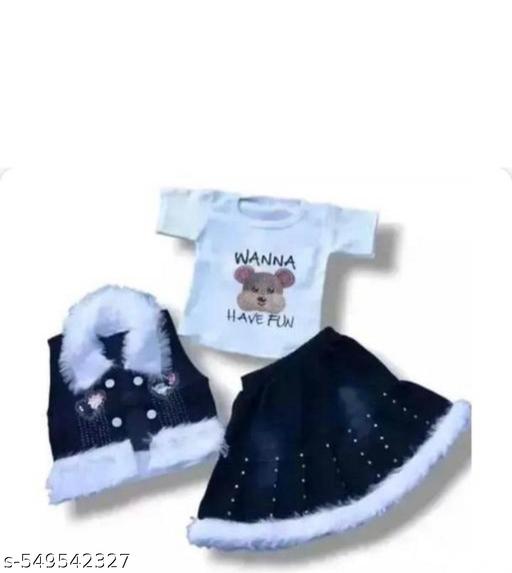 Stylish Denim Fur Trimmed Skirt Set for Baby Girls – 3-Piece Outfit with Mirror Work Vest and Cute Accessories | Regular, Sleeveless, Round, Relaxed, Snap Buttons, Beads, Vest, for Girls Black, White | vest, relaxed fit, regular length, sleeveless sleeves, round neckline, embellished with beads, features bear graphic, in black with white fur trim - Khan’s Hub