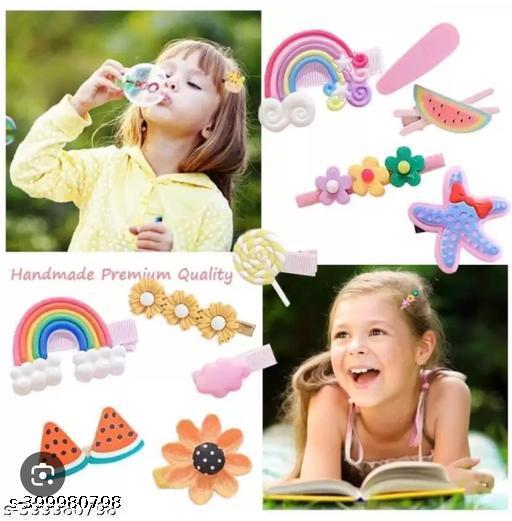 Set of 14 Multiflower Hair Clips Kids hair Accessories (Random Design) Yellow color Rubber Juttu clipu - Khan’s Hub