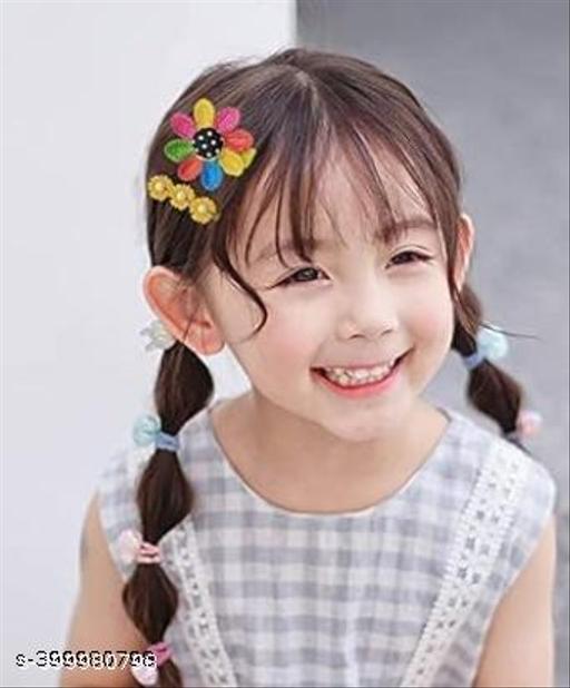 Set of 14 Multiflower Hair Clips Kids hair Accessories (Random Design) Yellow color Rubber Juttu clipu - Khan’s Hub