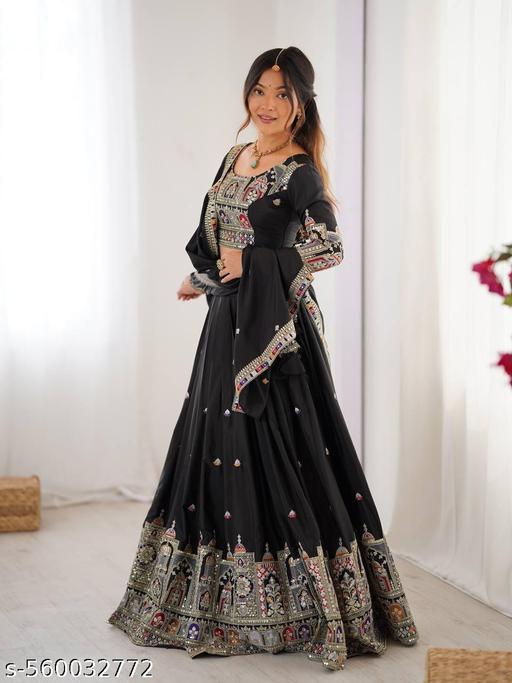 Chinon Silk Embroidered & Sequence Work Black Lehenga Choli - Anuloria 