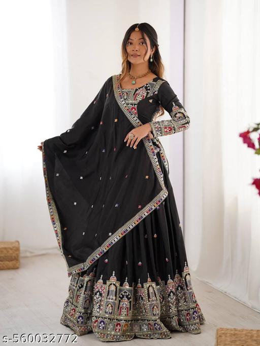Chinon Silk Embroidered & Sequence Work Black Lehenga Choli - Anuloria 