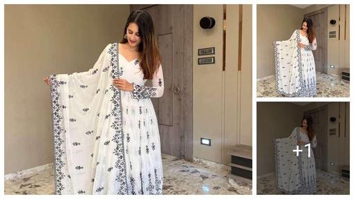 Women gown with dupatta set printed georgette fabric with floral embroidery work V-neck with full sleeves for party and casual wear ethnic sets anarkali gwon sets at india's best online shopping store