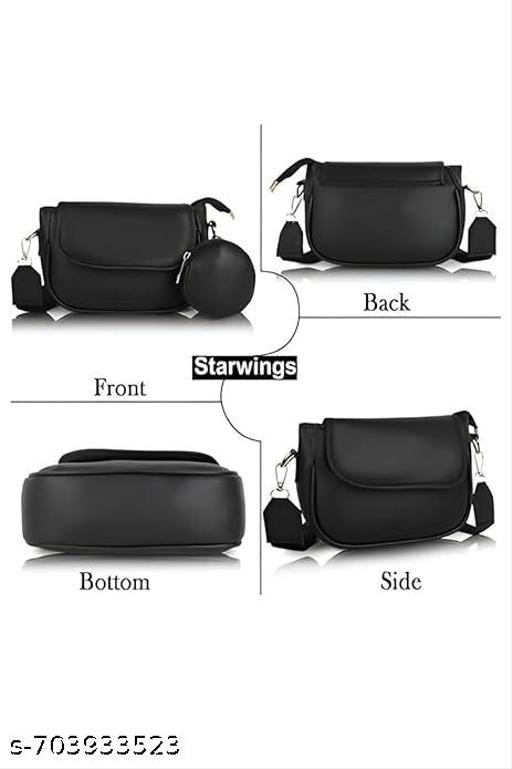 Black Cross-Body Sling Bags For Girls & Women With Coin Pouch & Adjustable Handle. - Billionairekart