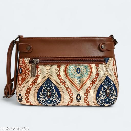 Jugnu_Handcrafted Fabric Mandala Printed Cross-body Sling Bag For Girl & Women Light Brown Tan - Billionairekart