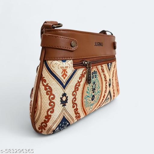 Jugnu_Handcrafted Fabric Mandala Printed Cross-body Sling Bag For Girl & Women Light Brown Tan - Billionairekart