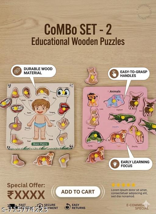 “Wooden Animal & Body Parts Puzzle for Kids | Educational Learning Toy” - Billionairekart