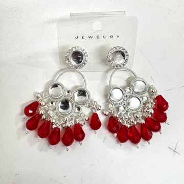 Kundan Red Pearl Silver Plated Chandbali Earrings Agate Alloy Chandbali Earring - Lumae