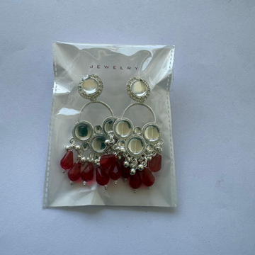 Kundan Red Pearl Silver Plated Chandbali Earrings Agate Alloy Chandbali Earring - Lumae