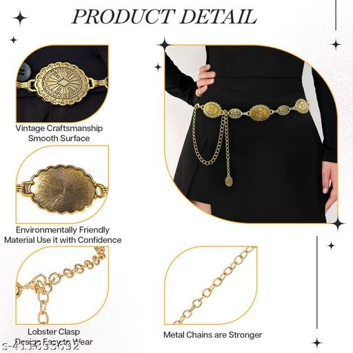 Women's Metal Waist Chain with Traditional Round Motif Design, Adjustable Ethnic Kamarband for Sarees, Dresses & Ethnic Wear – Free Size - Lumae