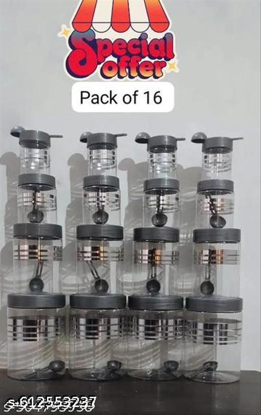 Plastic Pet Storage Jar and Container, Set of 16 With Spoons AirTight | Kitchen Organiser Improved Model Silver line Printed - Lumae