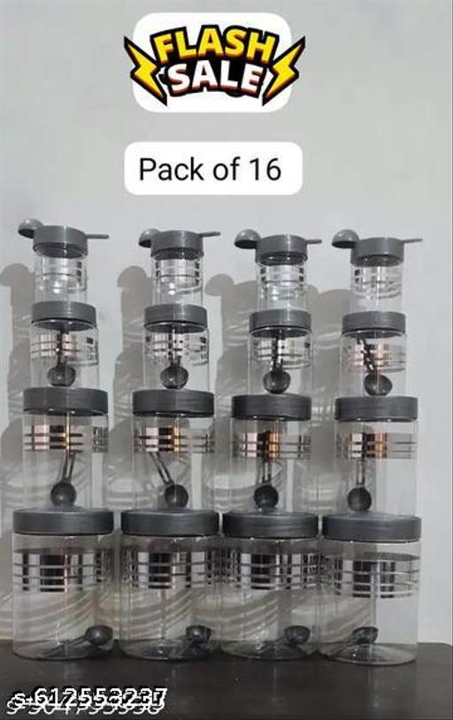 Plastic Pet Storage Jar and Container, Set of 16 With Spoons AirTight | Kitchen Organiser Improved Model Silver line Printed - Lumae
