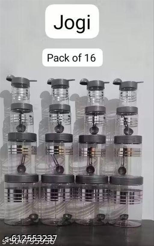 Plastic Pet Storage Jar and Container, Set of 16 With Spoons AirTight | Kitchen Organiser Improved Model Silver line Printed - Lumae